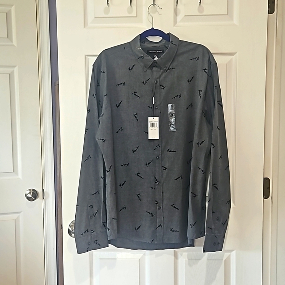 MICHAEL KORS MAN Slim fit, Script Logo Print Flocked Long sleeve Shirt Size XXL